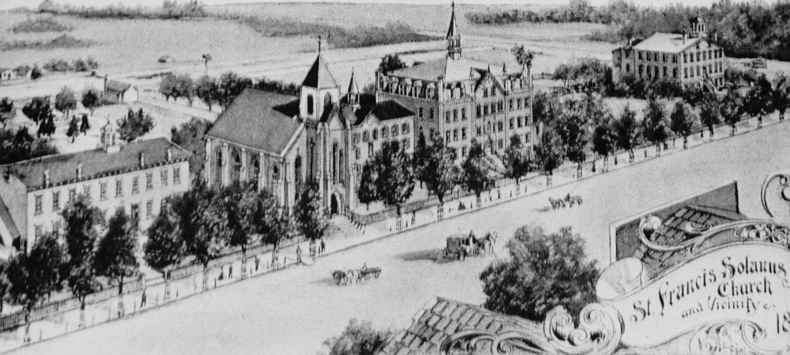An old illustrated view of St. Francis Solanus Church, friary and college grounds along a tree-lined street