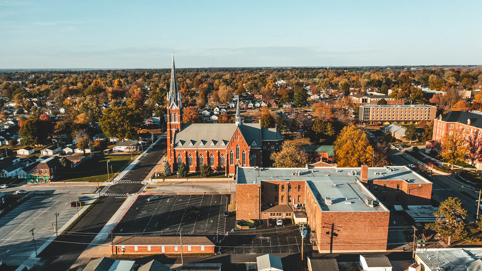 Aerial view of St. Francis Solanus Church and School in Quincy in the fall